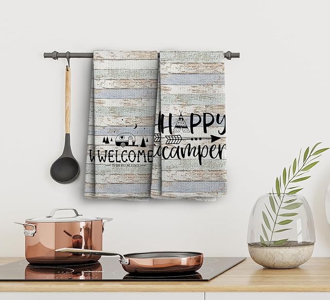 Happy Camper Hand Towels, Camper Gifts, RV Accessories for Inside Fun, Camping Gifts for Women Men, Welcome to Our Rolling Estate Kitchen Towels Dish Towels, Set of 2,16x24