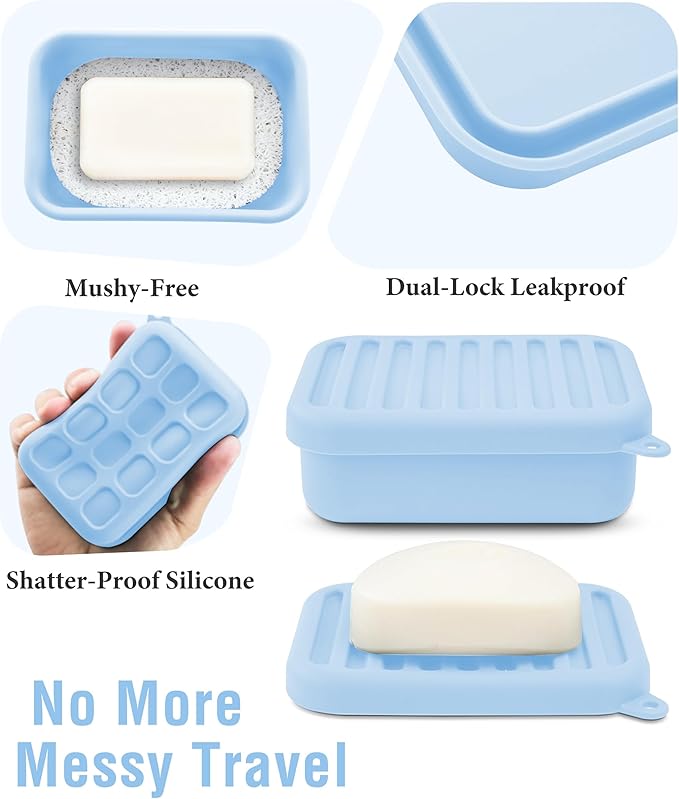 Silicone Travel Soap Case, Leak-Proof Bar Soap Container with Drain Tray, Portable Travel Soap Dish with Lid for Hiking, Gym, Camping, PortableToiletries Accessories (Blue)
