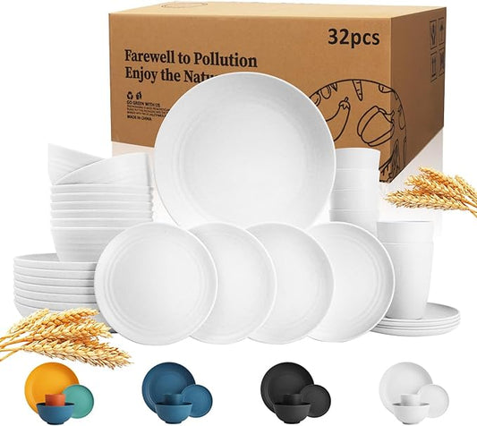 Wrova 32-piece Kitchen Alternative Plastic Wheat Straw Dinnerware Sets,Unbreakbale Dishwasher Safe Kitchen Bowls and Plates Sets with Cups,Modern Apartment Essential Dishes Set for 8.White Series