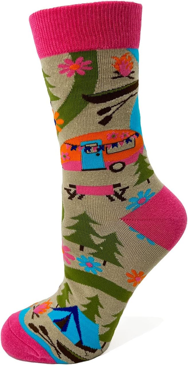 Fabdaz Happy Camper Camping Themed Women's Novelty Crew Socks - 1 Pair - 1 Size Fits Most