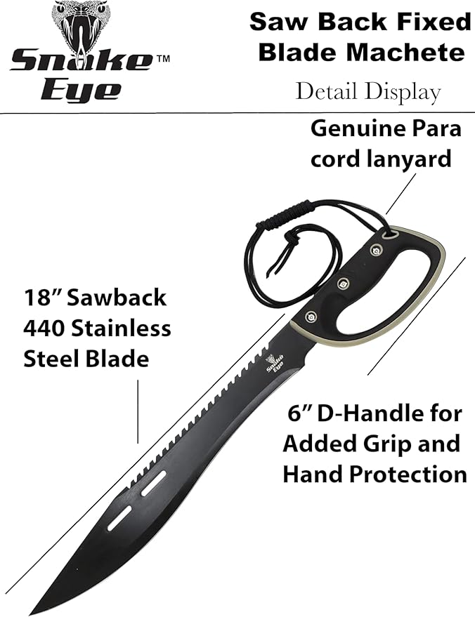 Snake Eye Tactical Full-Tang Machete – Heavy Duty Fixed Blade Survival Tool with Reinforced Nylon Sheath for Camping, Hunting, and Bushcraft