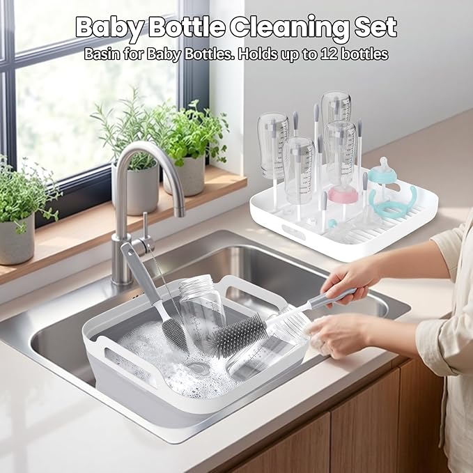 Volnamal Collapsible Wash Basin for Baby Bottles - Portable 2.4 Gallon Dish Tub with Drying Rack & Lid, Foldable Sink for Camping, Outdoor Space-Saving Tub for Kitchen, RV, Camping, Outdoor Use
