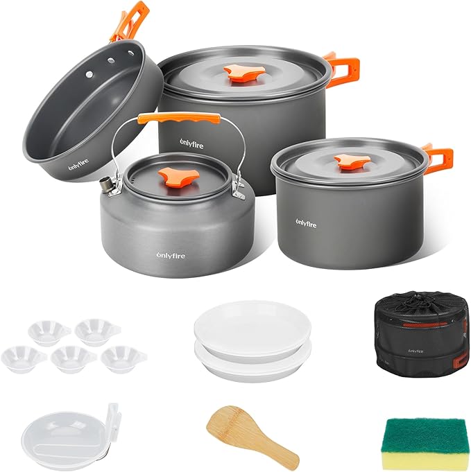 ONLYFIRE OUTDOOR LIVING14pcs Camping Cookware Set, Lightweight Nonstick Pots, Pan, Kettle, Utensils, Bowls, and Cleaning Tool with Mesh Bag for Camping Hiking Backpacking RV Tailgating Cooking, CT604