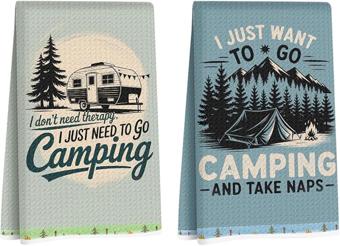 2PCS Camping Kitchen Towels, Go Camping Kitchen Decor, Housewarming Farmhouse Gifts for Women RV Campers, Camper Accessories for Inside, Camper Dish Tea Towels