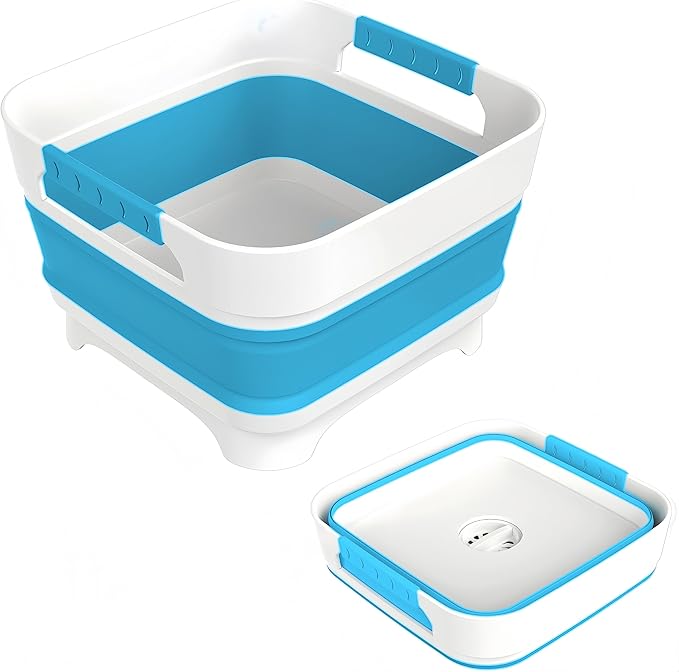 MontNorth 2.4 Gal Collapsbile Wash Basin with Drian Plug,9L Dish Pan for Soaking Baby Bottles,Portable Sink, Multiuse Foldable Bucket,Ice Beverage Tubs for Camping, Vegetable Washing, RV (Blue)