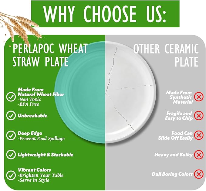Wheat Straw Plates, 9 in Deep Dinner Plates Set of 6, Alternative Plastic Plates Reusable, Unbreakable Microwave and Dishwasher Safe Kids Plate for Kitchen, Camping, Multi