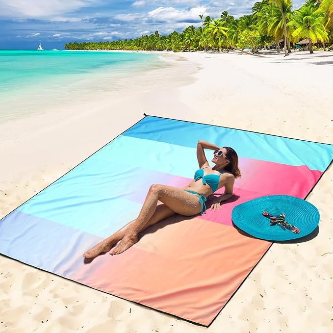 WIWIGO Beach Blanket Waterproof Sandproof Beach Mat 79" X 83"/10'x9'for 2-8 Adults Quick Drying Outdoor Picnic Mat Beach Accessories for Travel, Camping, Hiking