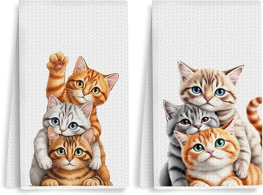 2PCS Cute Cat Kitchen Towels, Cat Themed Gifts Reusable Absorbent Waffle Weave Dish Tea Towels for Cleaning Cooking Baking, Cats Lovers Gifts for Women Microfiber Kitchen Towel, Housewarming Gift-1