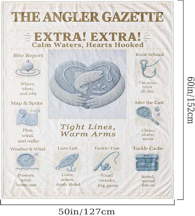 Fishing Throw Blanket 60x50 Flannel Fleece, Vintage Fishing Newspaper Style, Blue Ivory — Fish Throw Blanket for Dad Men Boys — Lake House & Cabin Decor Gift