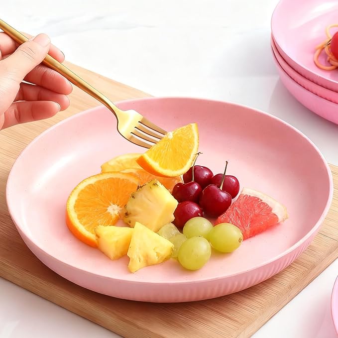Dinner Plates Set of 4, 7.8 Inch Plastic Plates Reusable, Wheat Straw Plates, Dishwasher & Microwave Safe, Lightweight Salad Plates for Camping/Kitchen