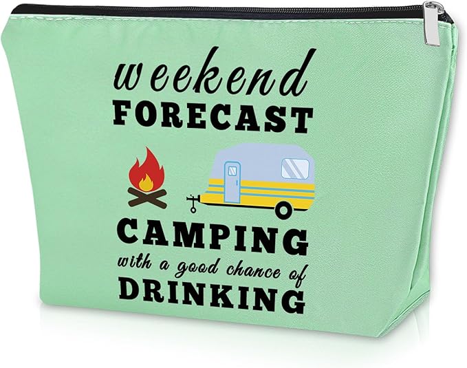 Sazuwu Funny Camping Gifts for Women Green Makeup Bag Happy Camper Birthday Gifts Camping Themed Gifts for Adults Cosmetic Bag Camper Accessories for Travel Trailers Christmas Graduation Gift