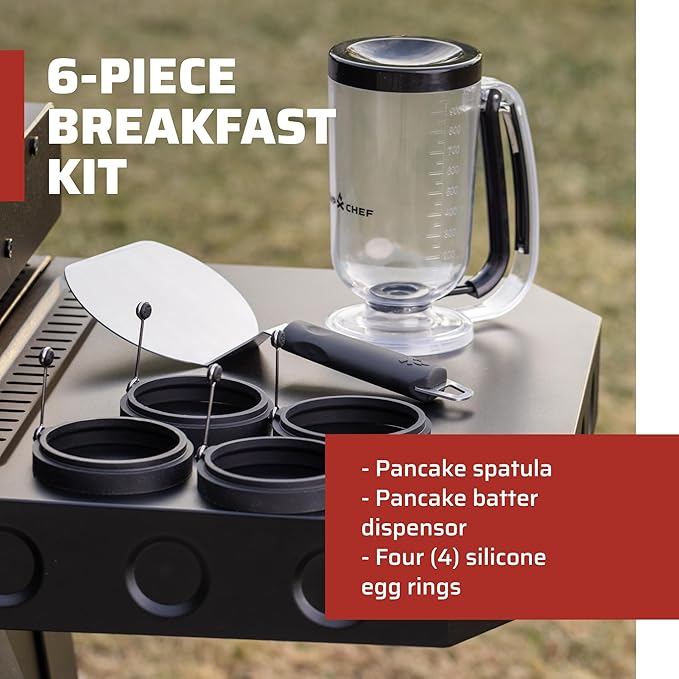 Camp Chef Breakfast Kit - Flat-Top Griddle Accessories Includes Pancake Batter Dispenser, Griddle Spatula & 4 Egg Rings