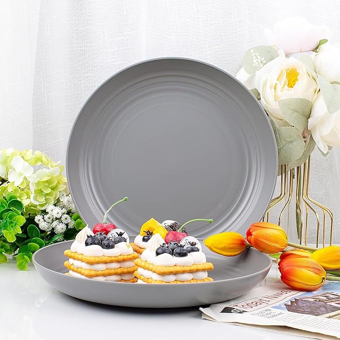 Wheat Straw Plates, Unbreakable Dinner Plates Set of 4, 8 Inch Plastic Plates Reusable, Dishwasher & Microwave Safe, Lightweight Salad Plates for Camping/Kitchen (Gray)
