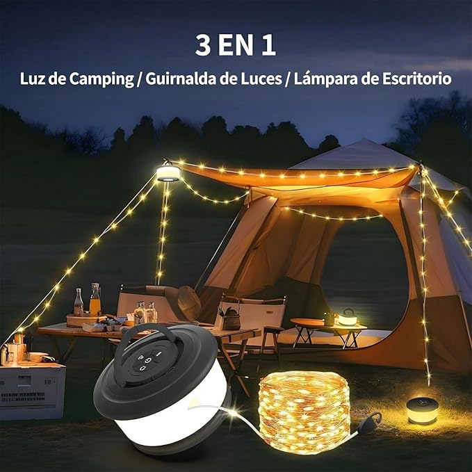 Camping String Lights,2 in 1 Upgraded 32.8FT Rechargeable Tent Lights String with 19 Lighting Modes,Quick Storage camping lights，Portable LED Lamp for Bedroom Yard Decor Christmas Camping(Black)