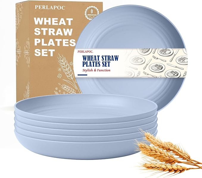 8 Inch Dinner Plates, Wheat Straw Unbreakable Plate Set of 6, Reusable Plastic Plates, Microwave and Dishwasher Safe Small Plates for Kids, Breakfast, Dessert, Light Blue