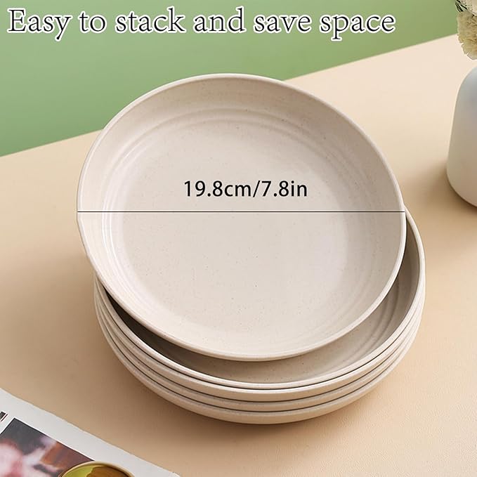 Wheat Straw Plates, Unbreakable Dinner Plate Set of 4, 8 Inch Plastic Plate Reusable, Dishwasher & Microwave Safe, Lightweight Salad Plates for Camping/Kitchen (Beige)