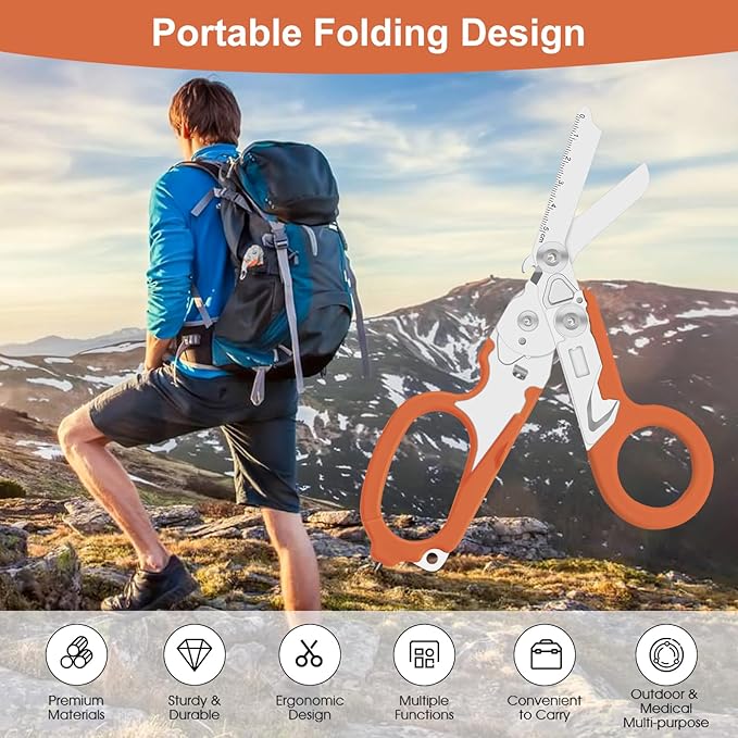 6-in-1 Heavy-Duty Emergency,trauma shears, Folding Retractable Emergency Shears, Outdoor Camping Tools, Seat Belt Cutter, Oxygen Cylinder Wrench, Complimentary Adjustable Wrench (orange)