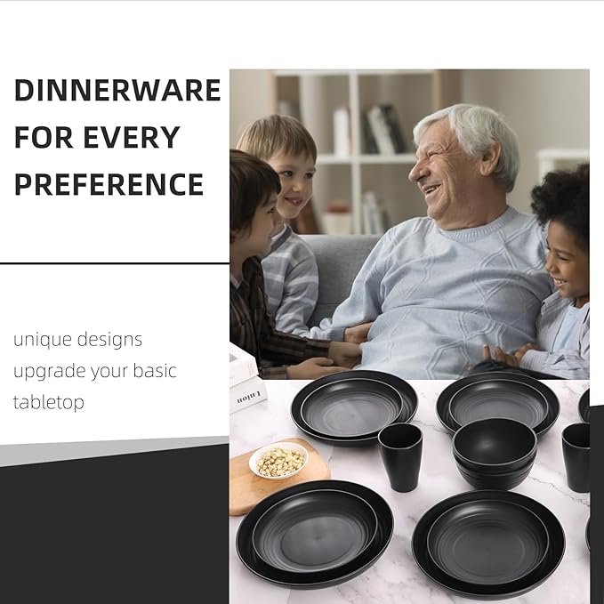 Black Plates and Bowls Sets for 8,32 Pcs Wheat Straw Dinnerware Sets Black Plastic Reusable Dishwasher Safe for Kitchen Camping,Lightweight Unbreakable Plastic Dishes Set Outdoor or Every Day Use