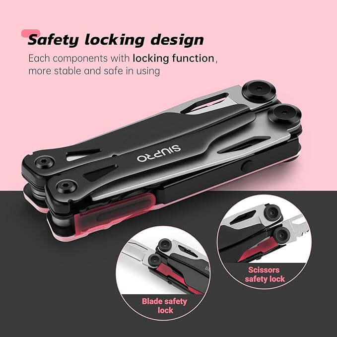SIUPRO Multitool Pocket Knife for Men, Women, Tactical Multi Tool with Pliers, Saw, Screwdriver, All Self-Locking, Survival Gear With Clip and Pouch for Camping, Gifts Idea, Pink
