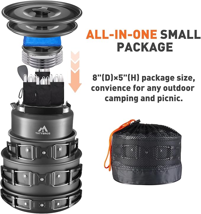 THTYBROS 27pcs Camping Cookware Mess Kit for 2-4 People, Portable Cookware Set with Kettle, Pots & Pans, Stainless Steel Utensils, Plates, Dishware for Backpacking, Picnic, Outdoor Adventures