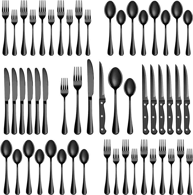 36 Pcs Black Silverware Set with Steak Knives, Stainless Steel Flatware Cutlery Set Service for 6, Kitchen Tableware Set, Utensil Set for Home and Restaurant, Knives Forks Spoon Set, Dishwasher Safe