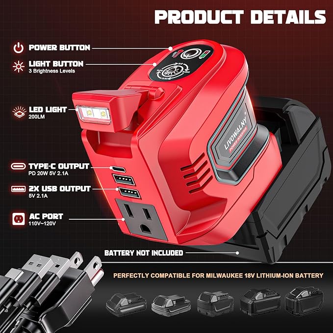 LIVOWALNY 200-250W Power Inverter Compatible with Milwaukee 18V Battery - DC 18V to AC 110-120V Portable Power Station with 1 AC Outlet - 2 USB 1 Type-C & LED Light for Camping Power Outage -Tool Only