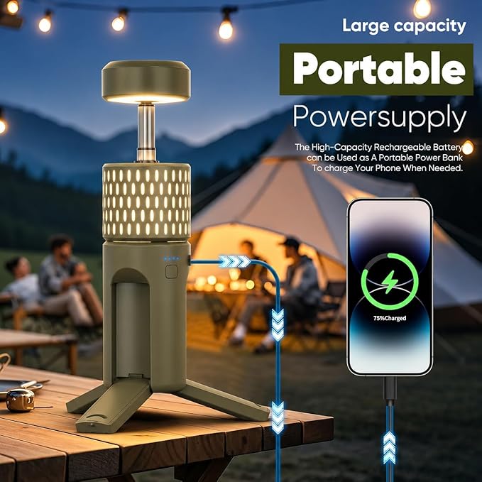 Camping Light Telescopic, Collapsible Tripod Camping Lantern, 12000mAh Rechargeable Camping Lamp with Stand, Dimmable & Portable IPX54 Waterproof Flashlight for Emergency (Military Green)