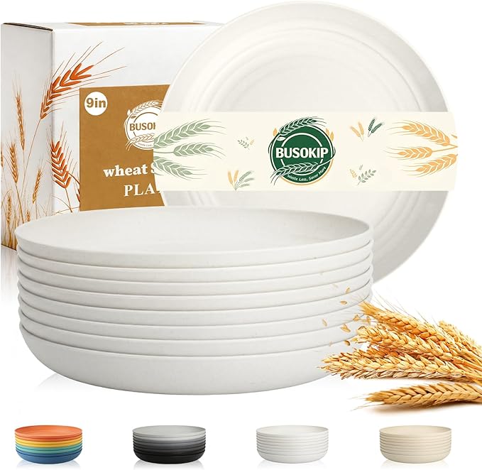 Wheat Straw Plates 9 Inch, Unbreakable & Reusable Plastic Plates Set for 8, Deep Dinner Plates for Salad, Sandwiches, Protein, Microwavable Plates for Kitchen, Party, Camping, RV - White