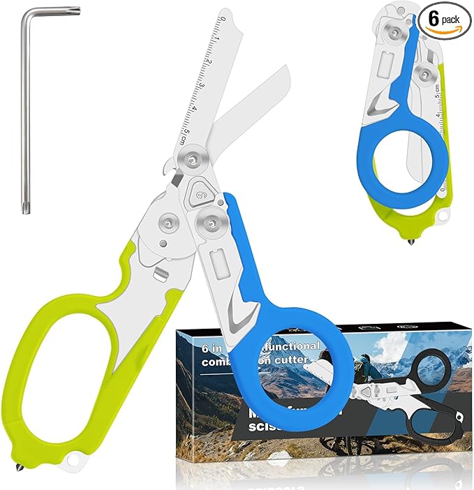 Lemasa6 in 1 Multifunctional Combination Tool, Folding Retractable Emergency Shears, Outdoor Camping Tools, Seat Belt Cutter, Oxygen Cylinder Wrench, Complimentary Adjustable Wrench (blue-green)