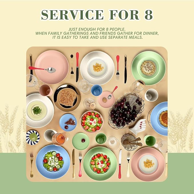 Wrova Wheat Straw Dinnerware Set of 32, Unbreakable Dinner Plates and Bowls Sets Service for 8, Microwave & Dishwasher Safe Dishes Set for Kitchen and Dining.Nordic Series