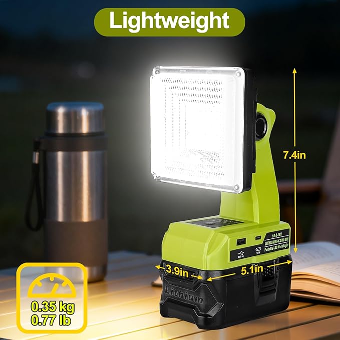Choerinton 1800LM LED Work Light Compatible with Ryobi 18V Battery, 15W Cordless Portable Jobsite Light with USB Charging Port, Outdoor Rechargeable Floodlight for Car Repair, Camping, Hiking, Garage