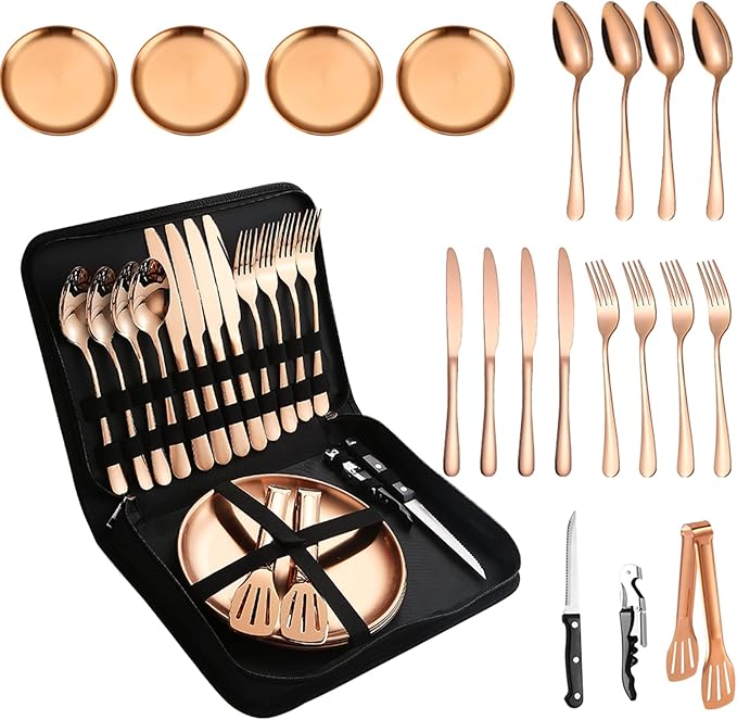 Picnic Tableware Set Camping Dinnerware Copper/Rose Gold Silverware and Plates Kit for 4 Portable Utensils Stainless Steel Dishes Spoons Forks Knives Bottle Opener Food Tongs