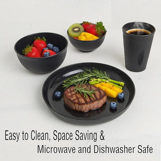 DAPIPIK 36 Pcs Lightweight Black Wheat Straw Dinnerware Set - Unbreakable Dishes for Kitchen & Camping | Microwave Dishwasher Safe