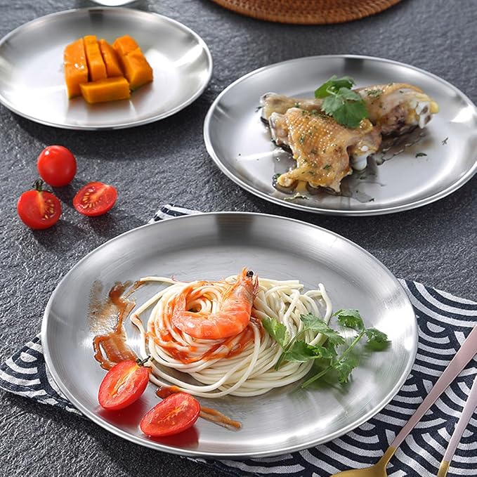 Stainless Steel Plates 2 Set Metal Dinner Dishes 9 Inch Unbreakable Dinner Plates Great for Snack,Nut,cake Picnic, Outdoor Camping Plate - Shatterproof Dishwasher Safe