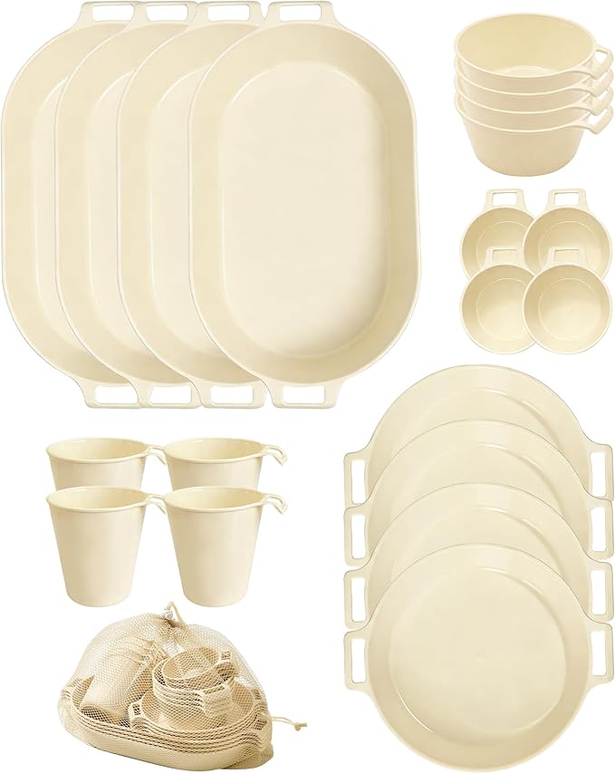Dinnerware Set for 4, 21-Piece Reusable Plates and Bowls Set with Mesh Bag, Cups, Sauce Dishes and Serving Platters, Lightweight Outdoor Dish Set for Picnic, RV, Patio, BBQ, Cream White