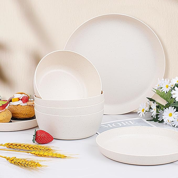 EI 12pcs Wheat Straw Dinnerware Set of 4,Reusable Plastic Plates,Unbreakable Dinner Plates,Deep Dinner Hard Premium Plastic Plate,Microwave Dishwasher Safe for Camping,Picninc,Family Dinner