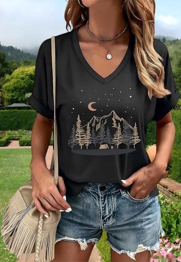 Graphic V Neck Shirt for Women Boho Floral Wildflowers Tee Casual Cottagecore Summer T-Shirt Blouse