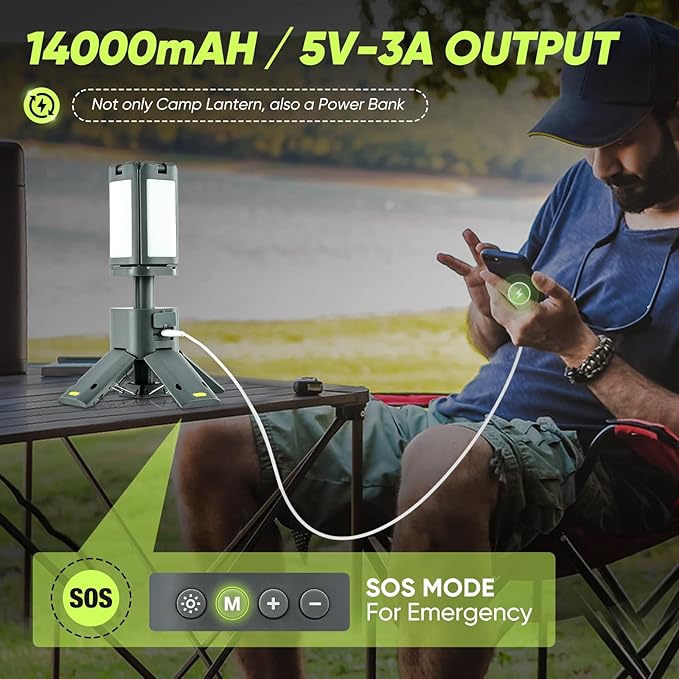SakerPlus Portable Camping Light, 14000mAh Telescopic Camping Lantern with Rechargeable Power Supply, Dimmable Magnetic Tent Lamps 6000 Lumen Outdoor Work Lights for Hiking,Camping,Home Emergency
