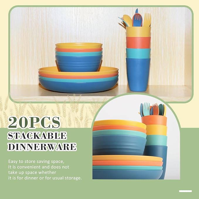 Wrova Wheat Straw Plates and Bowls Set with Flatware,20-piece Unbreakable Kids Plates and Bowls sets,Dishwasher Safe Wheat Straw Dinnerware Sets for Kitchen,Camping,Apartment and Dorm.Vibrant Series