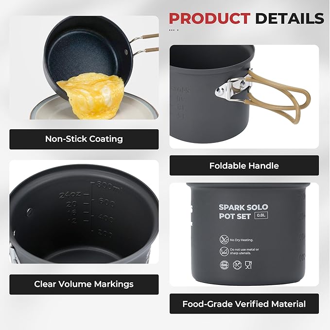 Alocs 9pcs Camping Cookware Kit, Non-Stick Lightweight Camping Pots with 3200w Stove, Igniter & Gas Canister Stand, 5-in-1 Utility Spork for Hiking, Solo Camping, Backpacking, Outdoor Cooking, Picnic