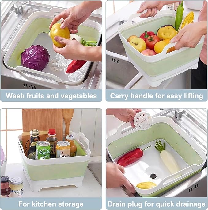 2.4 Gal(9L) Collapsible Dish Basin with Drain Plug, Space Saving Outdoor Multiuse Foldable Sink Tub, Dishpan, Kitchen Storage Tray for Camping, Vegetable Washing, RV (Green)