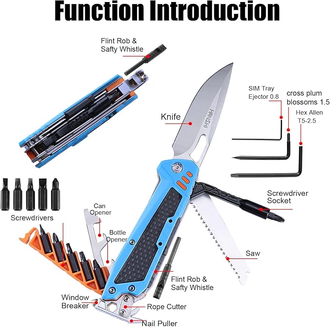 HANSHI 13 in 1 Multitool Knife with Nylon Sheath for Camping,Hiking,Survival,Outdoor Multi Tool Pocket Knife with Window Breaker,Birthday Christmas Valentine's Day Gift for Dad Mens Boyfriend(Blue)