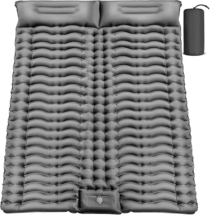 Yuzonc Double Camping Sleeping Pad – 4" Ultra-Thick Foot-Pump Design, Lightweight 2-Person Inflatable Sleeping Mat with Pillow for Backpacking, Hiking, Travel, Tent – Gray