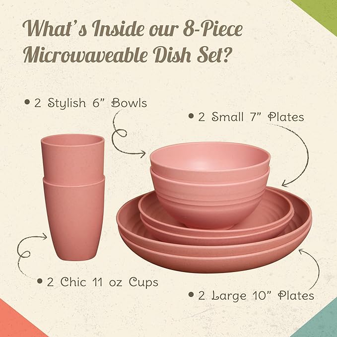 Camp Casual Camping Plates Cups and Bowls Set - 8-pc Wheat Straw Dinnerware Sets - 2 Bowls, 2 Cups, 2 Small & 2 Large Indoor/Outdoor RV Dishes - BPA Free, Dishwasher & Microwave Safe (Drift wood)