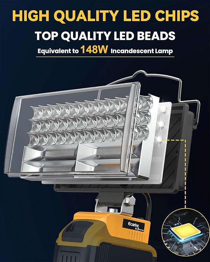 Ecarke LED Work Light Compatible with DeWALT 20V, 148W 14800LM Cordless Flashlight, 7" Battery Flood Light with Low Voltage Protect for Emergency, Job Site & Security Lighting, Battery Not Included