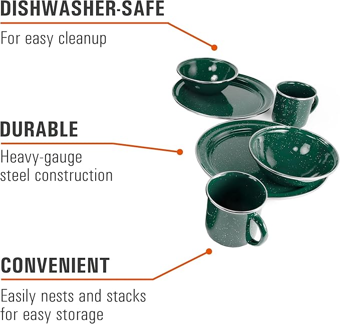 GSI Outdoors Pioneer Enamel 12 Pieces (4-Person) Dish Set I Enamelware Dishes Including Plates, Bowls and Mugs for Camping, Outdoors, RV, Camp, Green