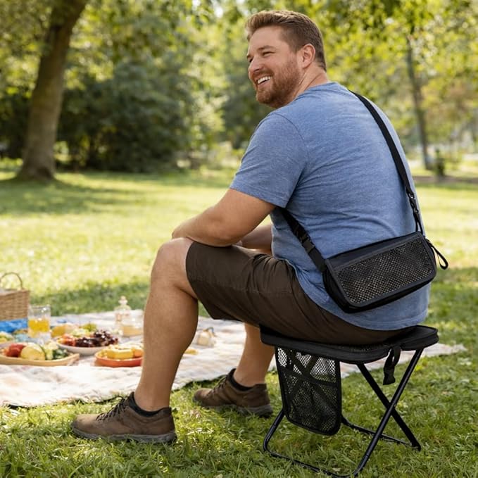 Foldable Stool with Carrying Bag,Compact Folding Chair with Shoulder Strap, Lightweight Outdoor Seat for Fishing, Camping, Hiking, Garden, Beach, Sports Games, Festivals (Black)