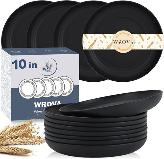 Wrova Wheat Straw Plates - 10 Inch Unbreakable Dinner Plates Set of 8 - Dishwasher & Microwave Safe Plastic Plates Reusable - Lightweight Plate for kitchen,camping (Pure Black)