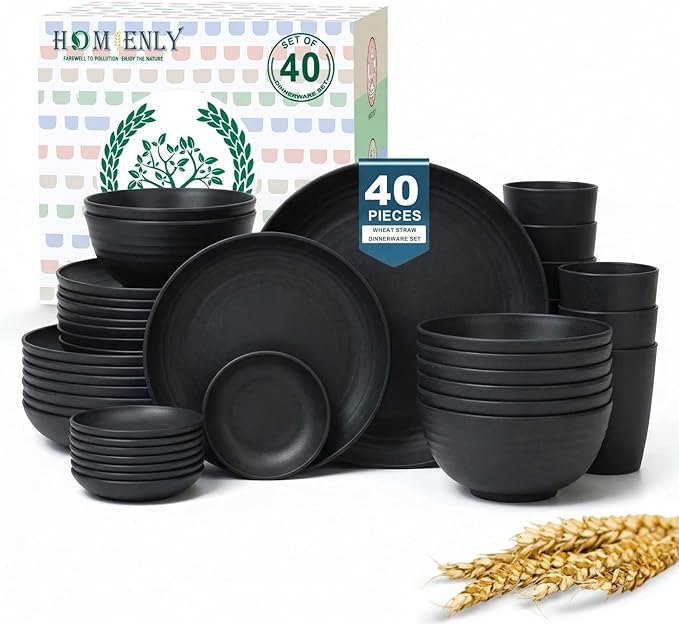 Homienly Plates and Bowls Sets, 40-Piece Modern Wheat Straw Dinnerware Sets for 8 Unbreakable Kitchen Dinner Set Microwave and Dishwasher Safe Dishes Set for Apartment, Party, Outdoor, RV (Black)