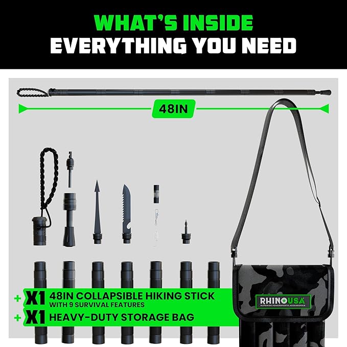 Rhino USA Tactical Hiking Stick with Integrated Survival Kit – Essential Camping Gear for Hiking & Trekking – Durable Tactical Gear for Outdoor Adventures